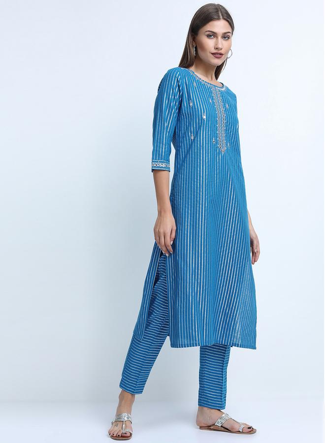 Vishudh Women Blue Striped Cotton Kurta Set - Image 5
