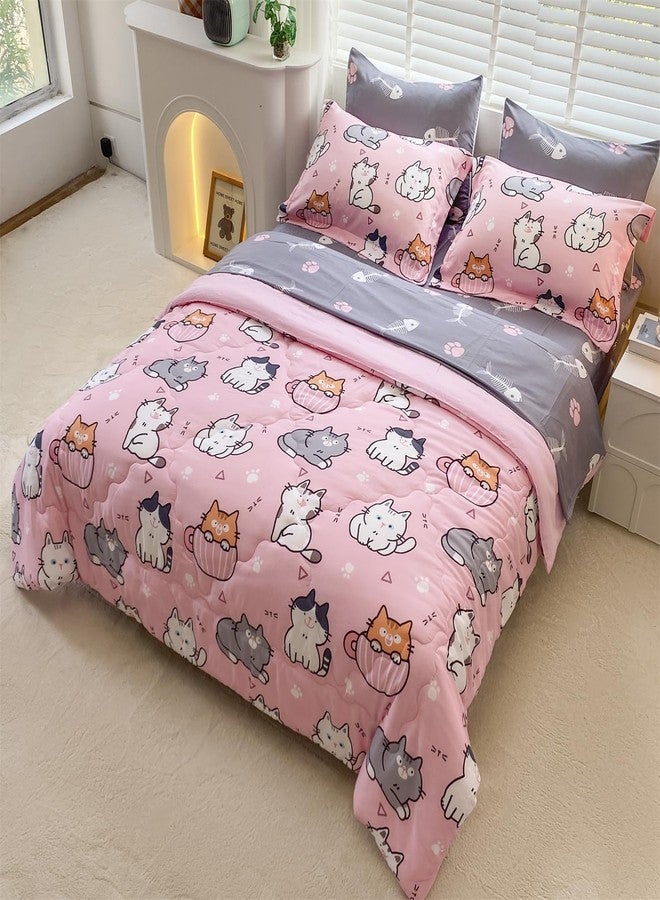 Gusuhome 7 Piece Girls Cats Comforter Set Twin Size Bed in A Bag Pink Cute Cartoon Pet Cat Bedding Set for Kids Boys Teens (1 Comforter, 1 Flat Sheet, 1 Fitted Sheet, 4 Pillow Sham) Gray - Image 3