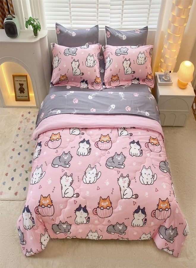 Gusuhome 7 Piece Girls Cats Comforter Set Twin Size Bed in A Bag Pink Cute Cartoon Pet Cat Bedding Set for Kids Boys Teens (1 Comforter, 1 Flat Sheet, 1 Fitted Sheet, 4 Pillow Sham) Gray - Image 4