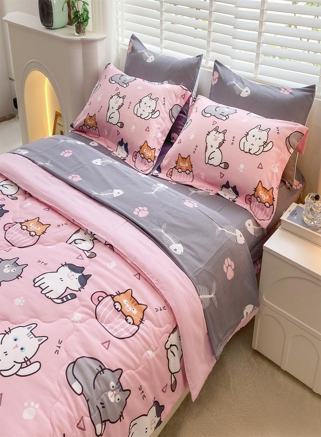 Gusuhome 7 Piece Girls Cats Comforter Set Twin Size Bed in A Bag Pink Cute Cartoon Pet Cat Bedding Set for Kids Boys Teens (1 Comforter, 1 Flat Sheet, 1 Fitted Sheet, 4 Pillow Sham) Gray - Image 5