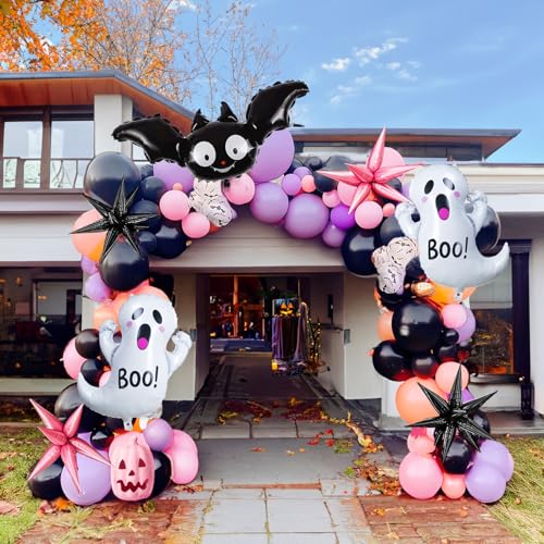 froufing Summerween Halloween Party Decorations with Pink Black Purple Balloon Garland Arch Kit Cute Bat Ghost mylar foil Balloons for Girls Two spooky Birthday Baby Shower BOO Day Party Supplies Decorations - Image 1