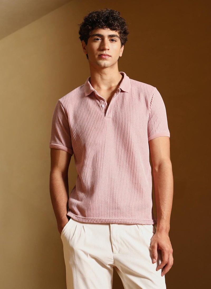 Campus Sutra Men's Blush Pink Solid Ribbed Polo T-Shirt - Image 2