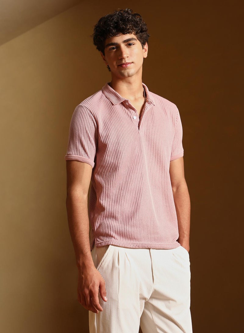 Campus Sutra Men's Blush Pink Solid Ribbed Polo T-Shirt - Image 3
