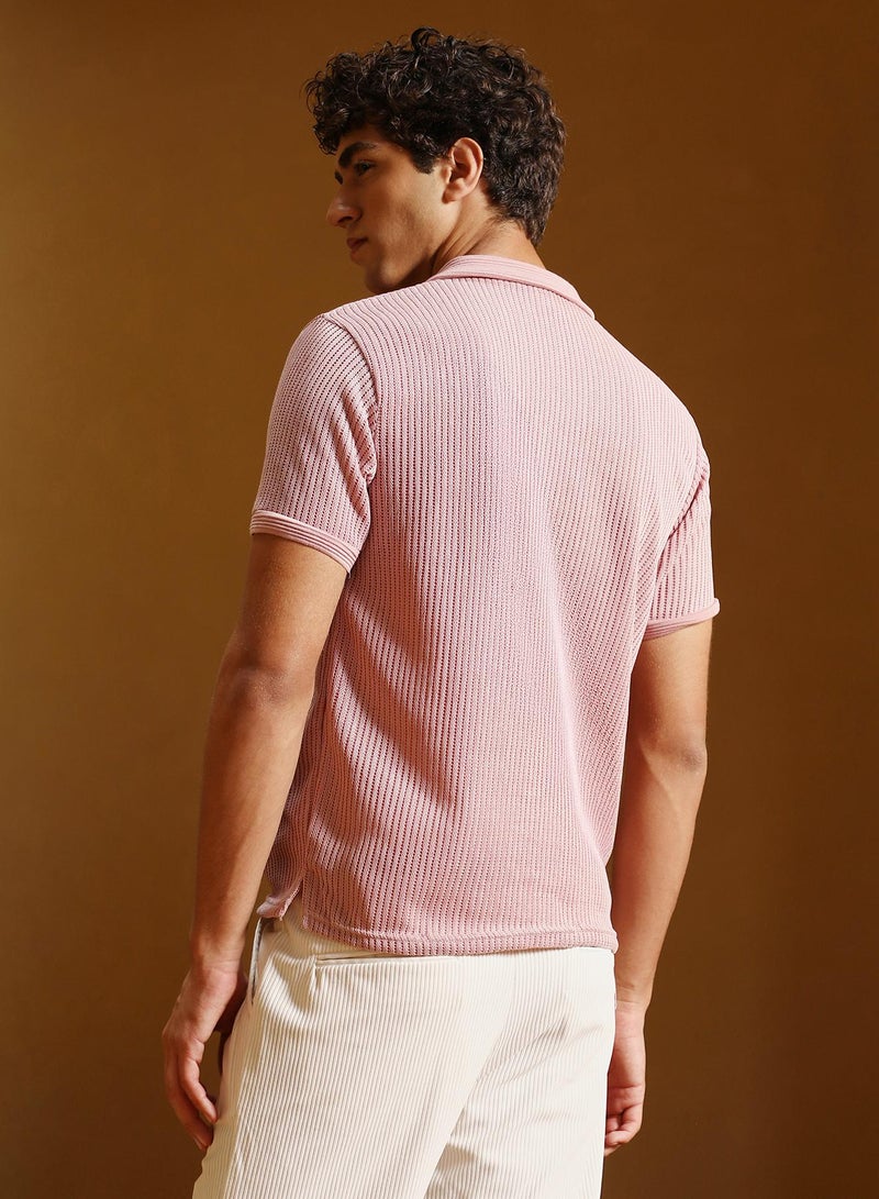 Campus Sutra Men's Blush Pink Solid Ribbed Polo T-Shirt - Image 5