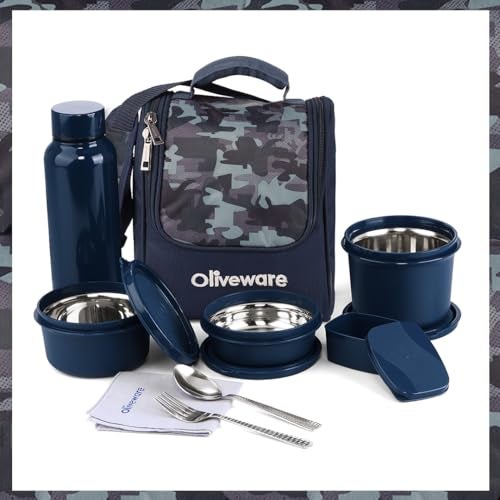 SOPL-OLIVEWARE oliveware Lavish Lunch Box with3 Microwave Safe Inside Steel Containers with mcirowave containers (290ml, 450ml & 600ml), Plastic Pickle Box(130ml), Steel Water Bottle(750ml) - Blue - Image 1