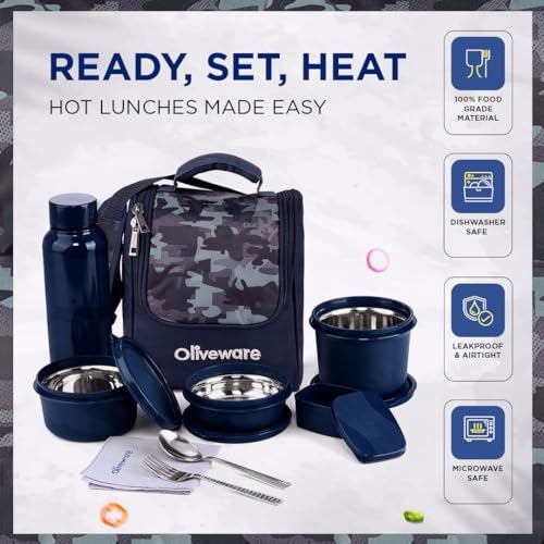 SOPL-OLIVEWARE oliveware Lavish Lunch Box with3 Microwave Safe Inside Steel Containers with mcirowave containers (290ml, 450ml & 600ml), Plastic Pickle Box(130ml), Steel Water Bottle(750ml) - Blue - Image 4