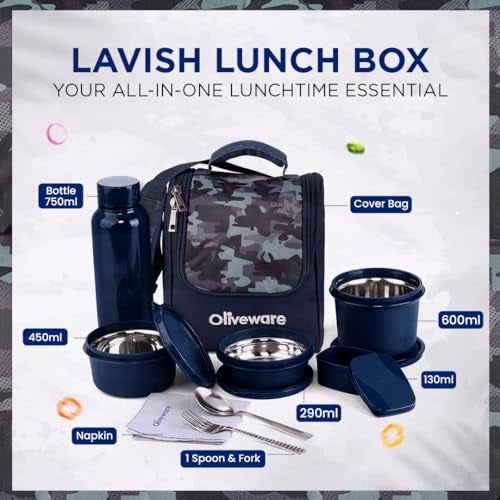 SOPL-OLIVEWARE oliveware Lavish Lunch Box with3 Microwave Safe Inside Steel Containers with mcirowave containers (290ml, 450ml & 600ml), Plastic Pickle Box(130ml), Steel Water Bottle(750ml) - Blue - Image 3