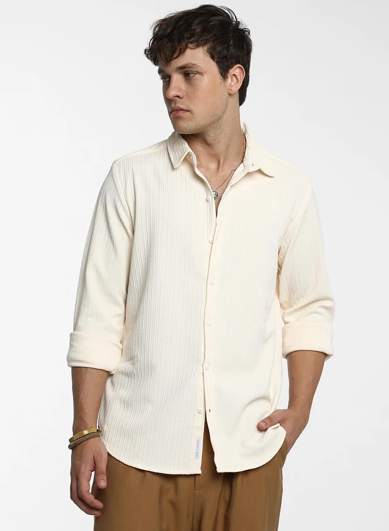 كامبوس سوترا Men's Pale Yellow Stripe-Creased Shirt For Casual Wear | Spread Collar | Long Sleeve | Button Closure | Shirt Crafted With Comfort Fit For Everyday Wear