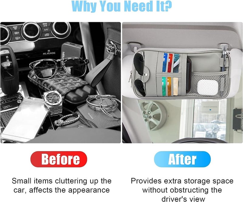 KASTWAVE Car Sun Visor Organizer, KASTWAVE Auto Leather Pocket Organizer Storage Pouch Registration Holder with Multi-Pocket Net Zipper for Car Truck SUV Card License Pen Key Document Sunglasses Interior - Image 5