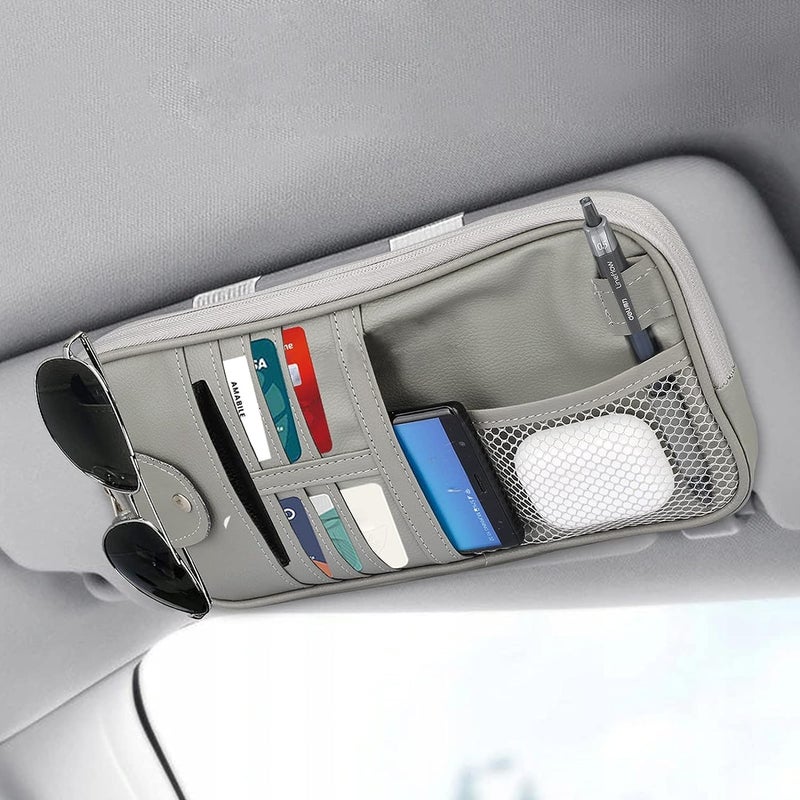 KASTWAVE Car Sun Visor Organizer, KASTWAVE Auto Leather Pocket Organizer Storage Pouch Registration Holder with Multi-Pocket Net Zipper for Car Truck SUV Card License Pen Key Document Sunglasses Interior - Image 1