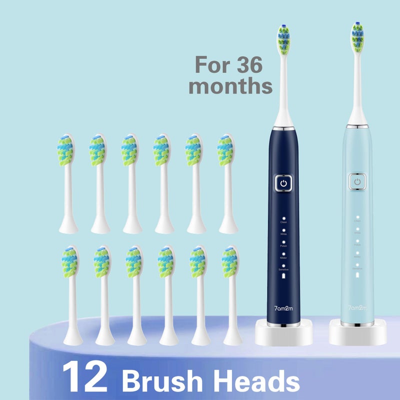 7AM2M Electric Toothbrush 2 Pack Set for Adults, 12 Replacement Brush Heads, 5 Adjustable Modes, Built-in 2-Minute Smart Timer, Fast Charge for 60 Days, IPX7 Waterproof, Navy & Light Blue - Image 5