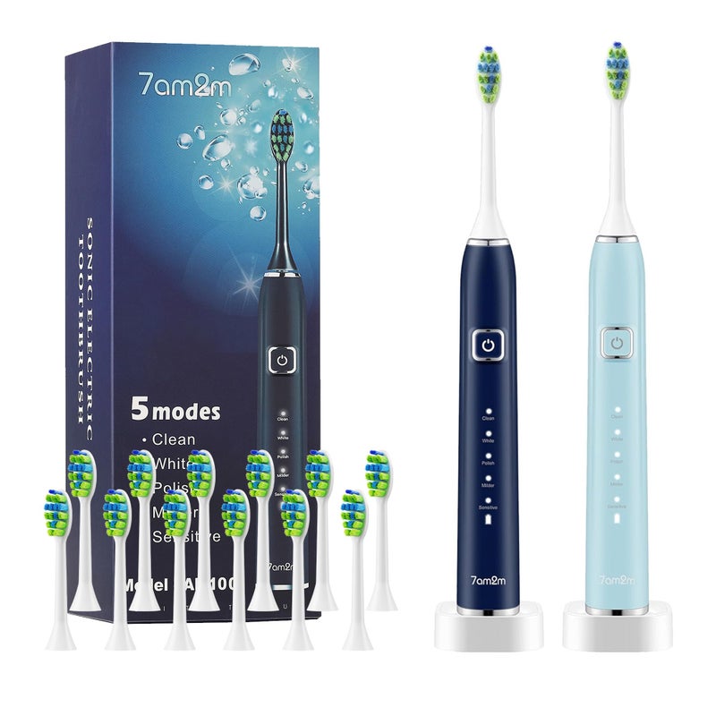 7AM2M Electric Toothbrush 2 Pack Set for Adults, 12 Replacement Brush Heads, 5 Adjustable Modes, Built-in 2-Minute Smart Timer, Fast Charge for 60 Days, IPX7 Waterproof, Navy & Light Blue - Image 1
