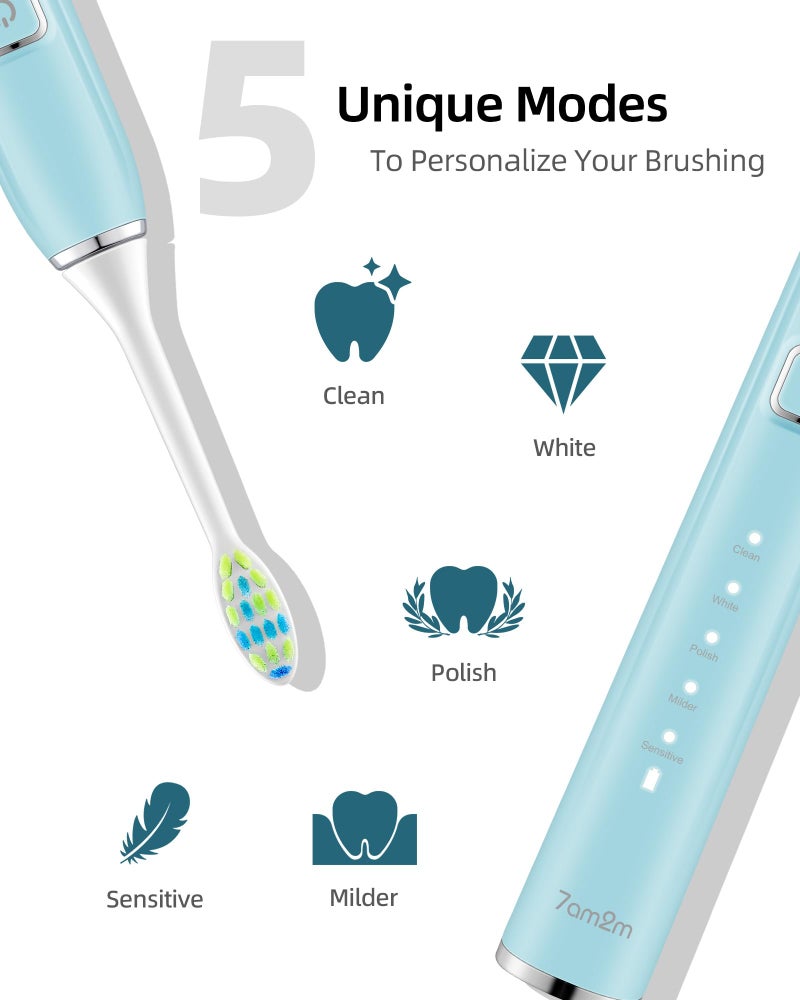 7AM2M Electric Toothbrush 2 Pack Set for Adults, 12 Replacement Brush Heads, 5 Adjustable Modes, Built-in 2-Minute Smart Timer, Fast Charge for 60 Days, IPX7 Waterproof, Navy & Light Blue - Image 2