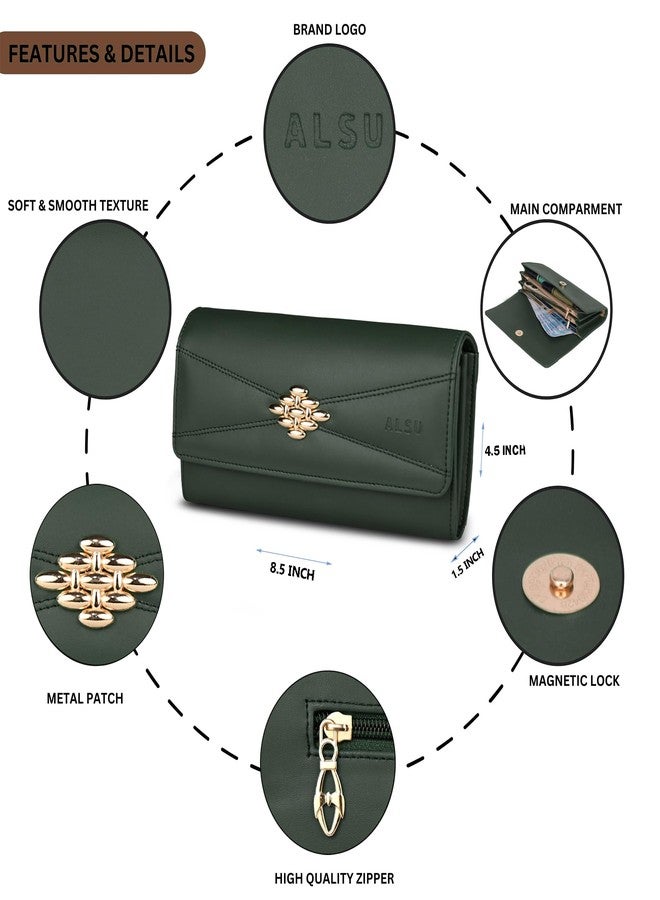 ALSU Women's Hand Wallet Purse Clutch Trendy | Phone Pocket | Coin Pocket | 4 Card Slots | Zipper Pockets | Office use| Faux Leather Smooth Material (Green) - Image 3