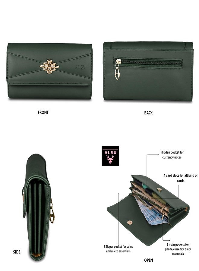 ALSU Women's Hand Wallet Purse Clutch Trendy | Phone Pocket | Coin Pocket | 4 Card Slots | Zipper Pockets | Office use| Faux Leather Smooth Material (Green) - Image 4