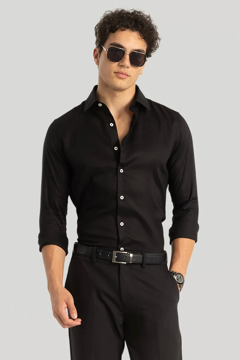 SNITCH Black Solid Long Sleeve Slim Fit Casual Shirt