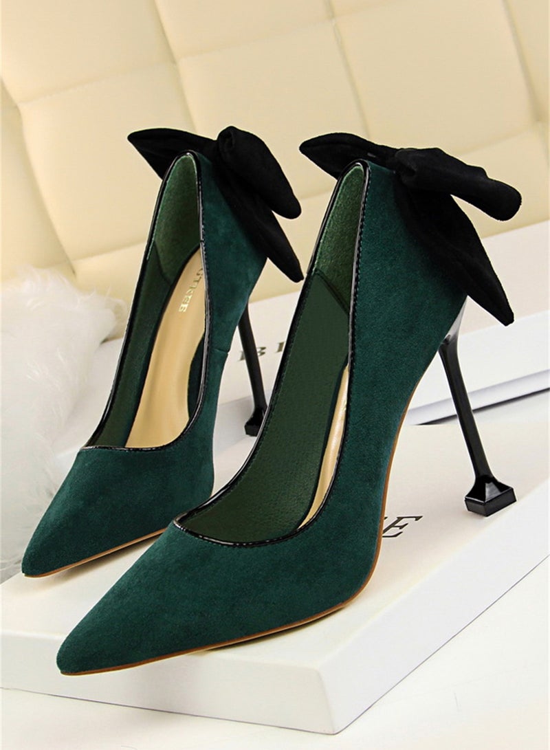 BIGTREE 9.5cm Thin High Heels Women's Shoes Fine Heel Suede Shallow Mouth Pointed Bow Single Shoes Green - Image 1