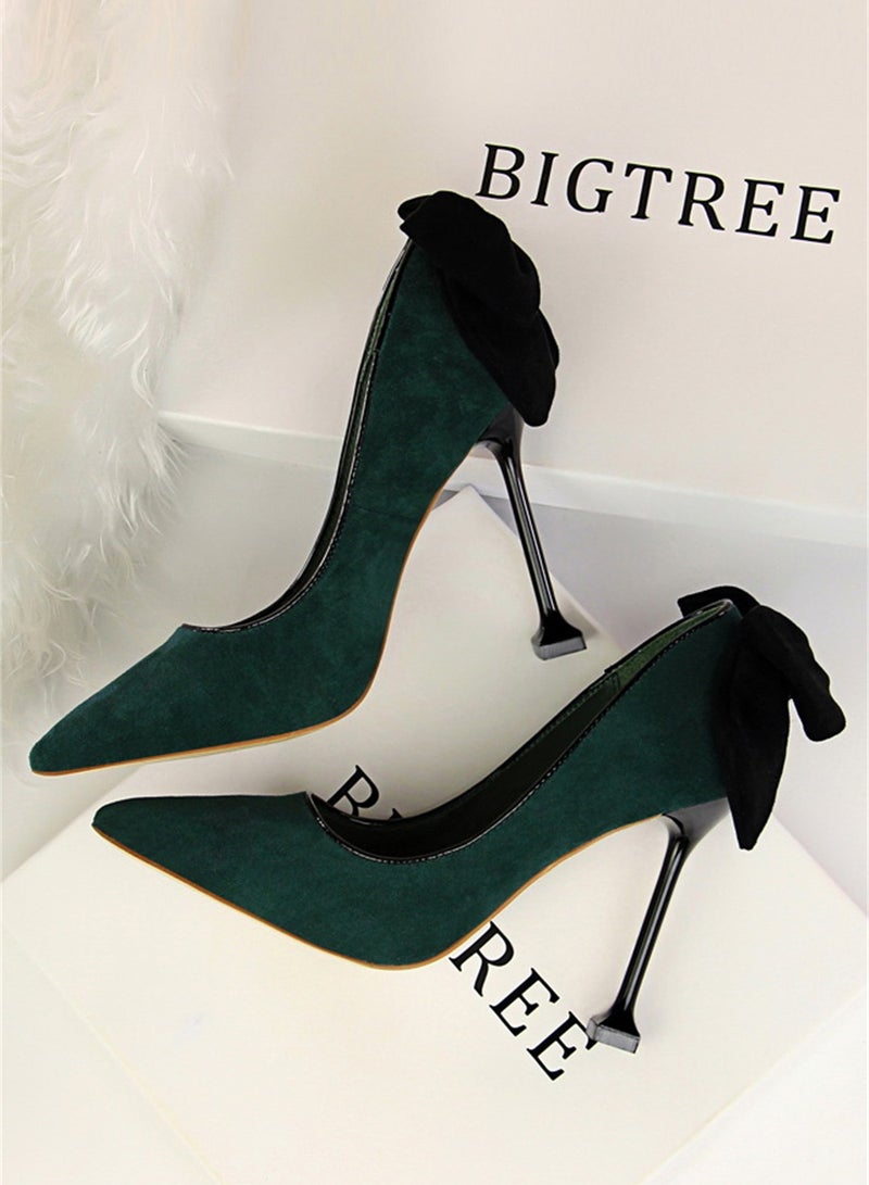 BIGTREE 9.5cm Thin High Heels Women's Shoes Fine Heel Suede Shallow Mouth Pointed Bow Single Shoes Green - Image 2