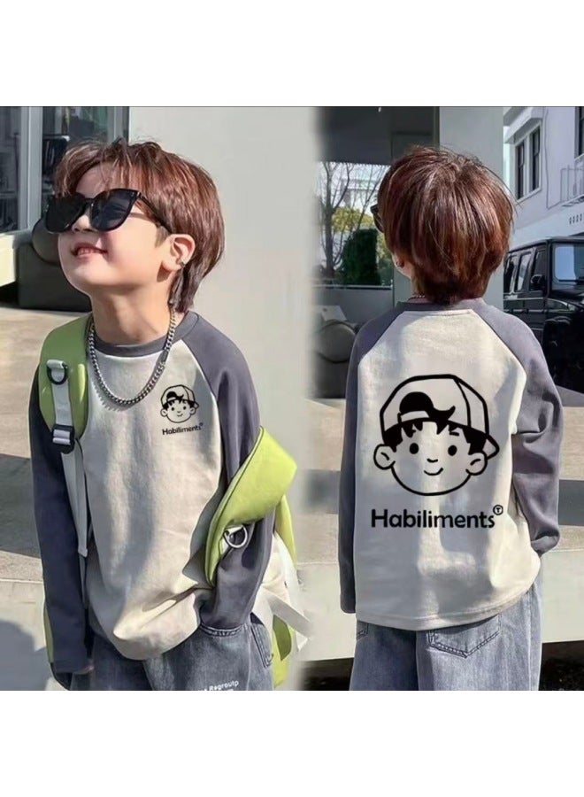 Cotton Boys' Raglan Sleeve Long Sleeve Tspring & Fall New Style Medium And Large Children's Splicing Contrasting Color Round Neck Bottoming Shirt
