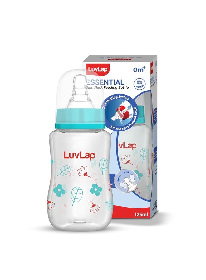 Luvlap Baby Essential Slim Neck Polypropylene and Silicone Feeding Bottle, 125Ml, Wild Flower, with anti Colic Nipple, New Born / Infants / Toddler upto 3 years, BPA Free, Green - Image 1