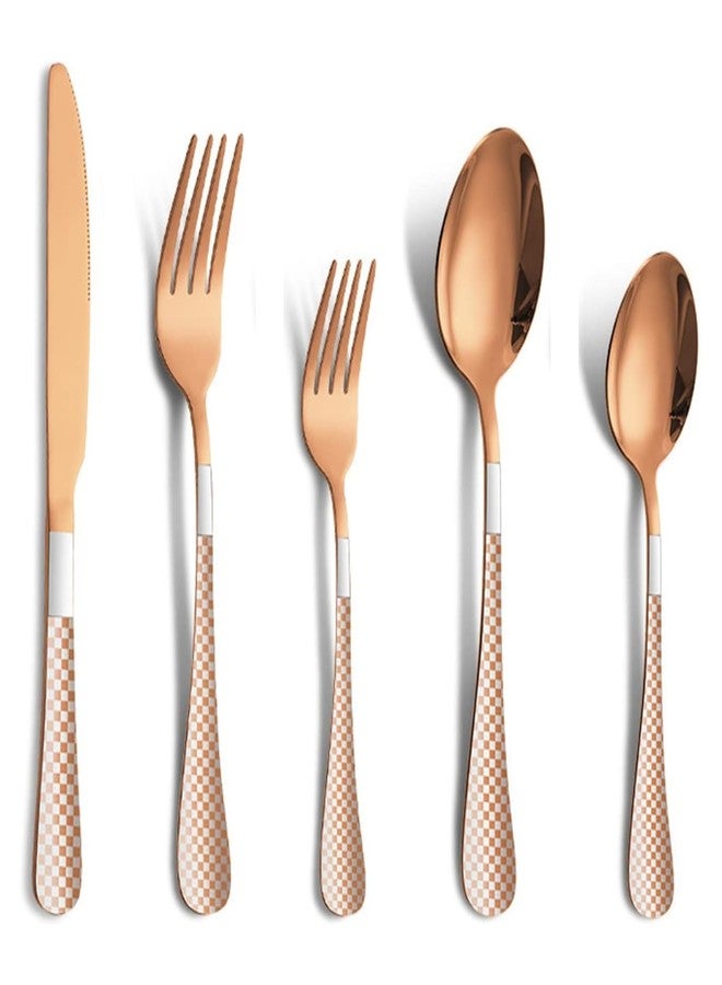 aDai Rosegold Silverware Set | Satin Finish 5-Piece Flatware Set with Unique Checks Printed Handle | Dishwasher Safe Stainless Steel Cutlery for Home, Restaurant & Gifting - Image 1
