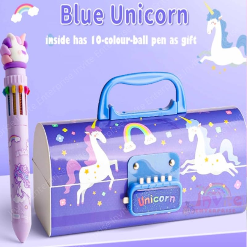 Invite Enterprise Plastic Children's Pen & Pencil Box, Suitcase-Style Password-Lock Multi-Layer Pencil Box For Boys And Girls, Stationery Organizer Case Gift For Children (Blue Unicorn Theme) - Image 2