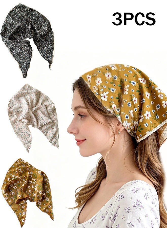 KANGLI 3Pcs Floral Head Scarf, Hair Bandanas, Head Kerchief, Vintage Boho Hair Scarf, Chiffon Hair Scarf with Ties, Flower Mesh Lightweight Triangular Hair Scarves For Women Girls - Image 1