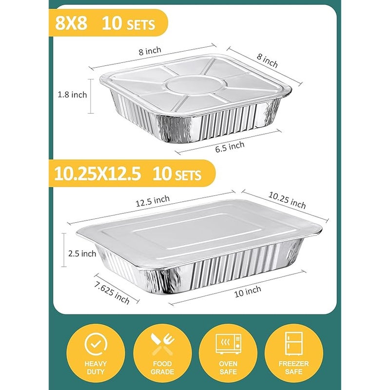 NEEBAKE 20 Set Disposable Aluminum Pans with Lids Combo Set- 10 Large 10.25x12.5 Foil Pans Half Size & 10 Small 8x8 Tin Foil Baking Pans, Tin Trays Containers for Meal Prep, Food Cooking, Roasting - Image 2