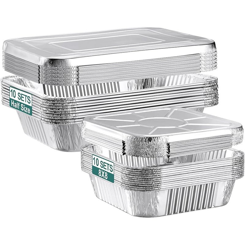 NEEBAKE 20 Set Disposable Aluminum Pans with Lids Combo Set- 10 Large 10.25x12.5 Foil Pans Half Size & 10 Small 8x8 Tin Foil Baking Pans, Tin Trays Containers for Meal Prep, Food Cooking, Roasting - Image 1