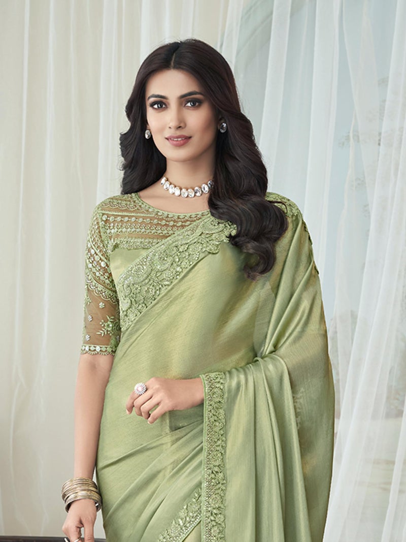 TRENDMALLS Women's Chiffon Embroidery Sequence work Saree with Unstitched Blouse Piece (K1160-Pista) - Image 2