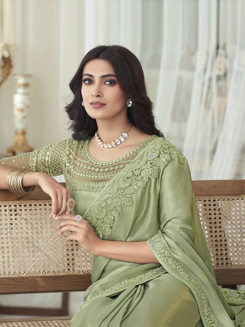 TRENDMALLS Women's Chiffon Embroidery Sequence work Saree with Unstitched Blouse Piece (K1160-Pista) - Image 3