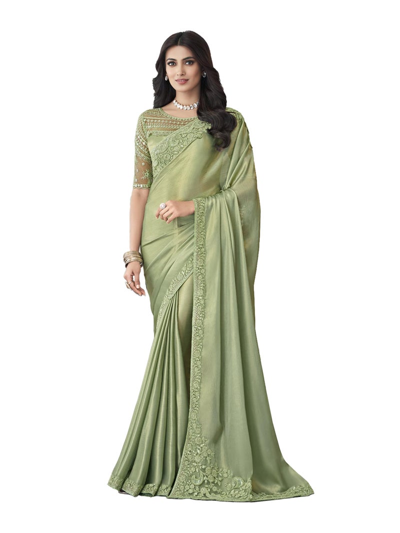 TRENDMALLS Women's Chiffon Embroidery Sequence work Saree with Unstitched Blouse Piece (K1160-Pista) - Image 1