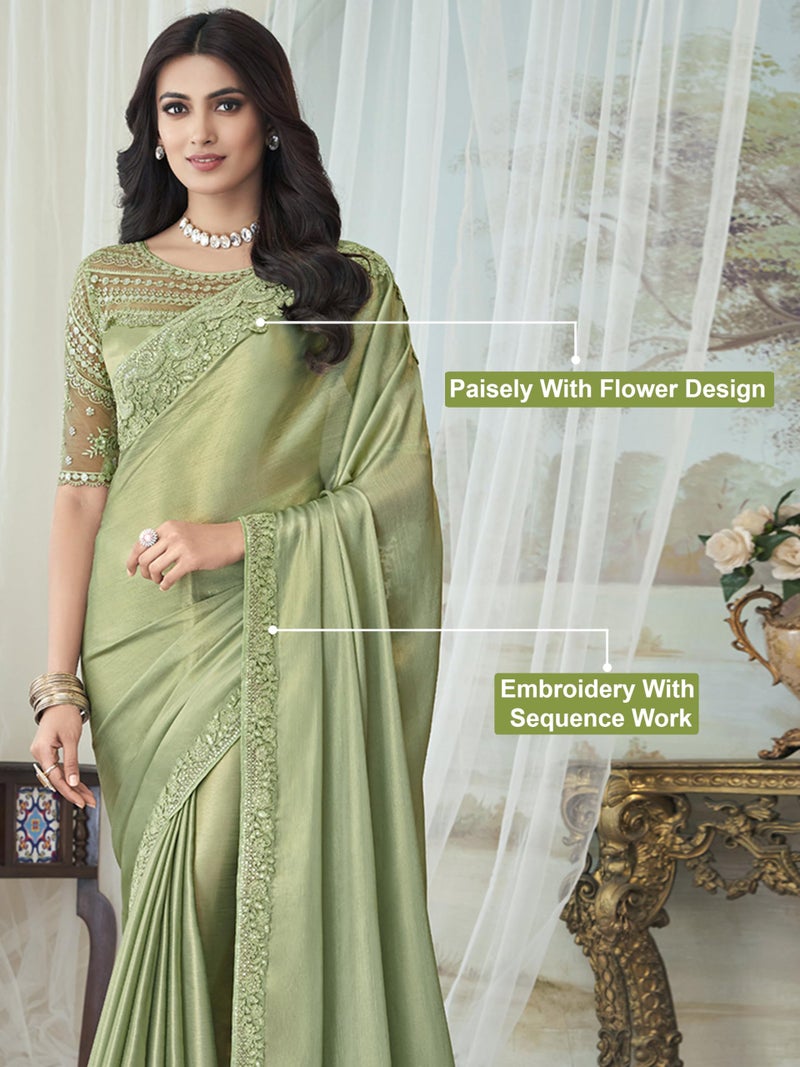 TRENDMALLS Women's Chiffon Embroidery Sequence work Saree with Unstitched Blouse Piece (K1160-Pista) - Image 5