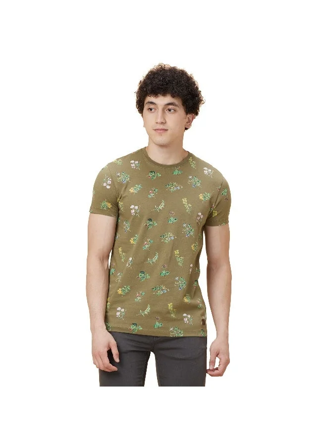 بيينغ هيومان Mens Olive Round Neck Short Sleeve T-Shirt