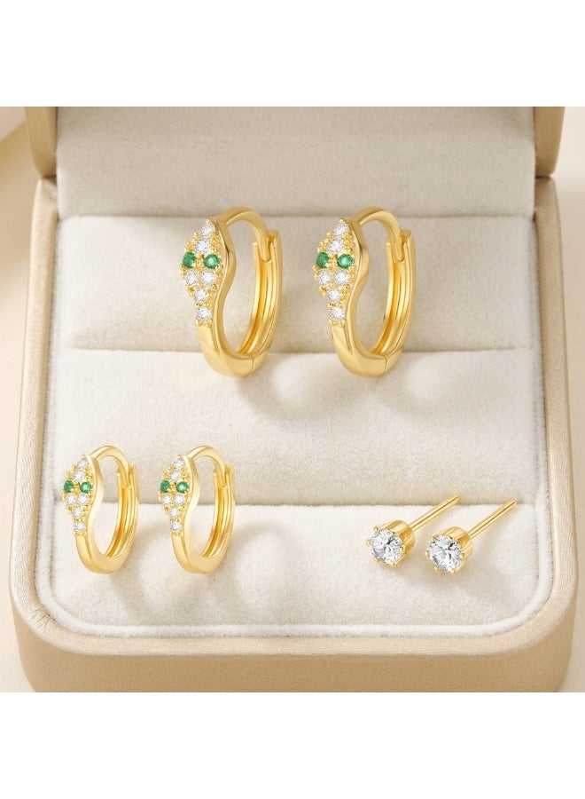 MTZ 3 Pairs Cubic Zirconia Stud Earrings Set for Women, Hypoallergenic Gold Plated Crystal Earrings, Dainty CZ Diamond Studs in Various Sizes, Sensitive Ear Friendly Jewelry Gift Box - Image 2