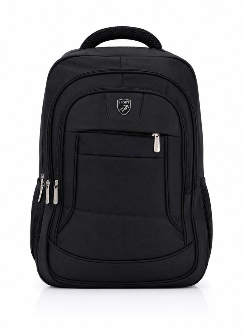 20-Inch Black Backpack for Schools and Universities – Spacious Main Compartment, Side Pockets, and Padded Back Panel. - Image 2