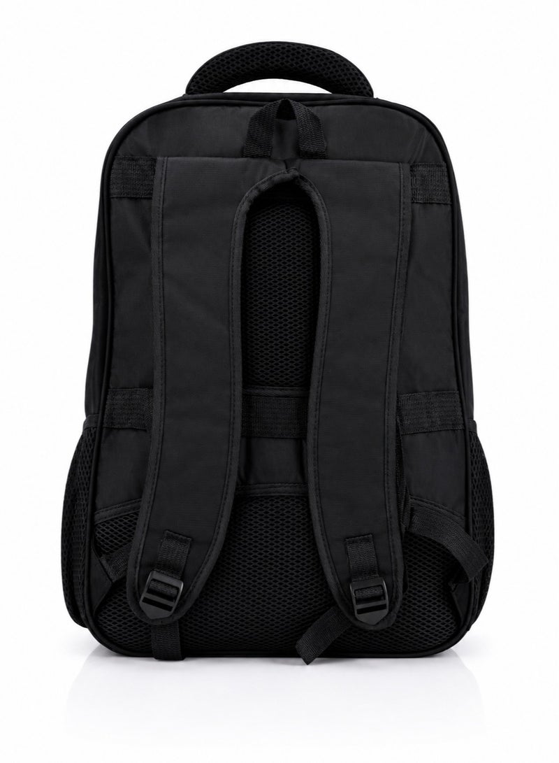 20-Inch Black Backpack for Schools and Universities – Spacious Main Compartment, Side Pockets, and Padded Back Panel. - Image 3
