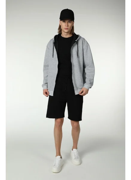 Defy'S Men's Hooded Zippered Oversize Pattern Sweatshirt Fleece Gray Melange