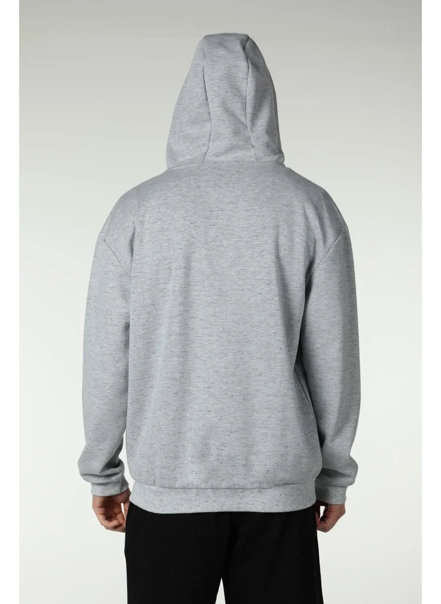 Defy'S Men's Hooded Zippered Oversize Pattern Sweatshirt Fleece Gray Melange