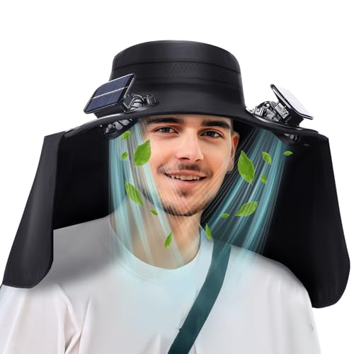 Chuarry Solar Powered Wide Brim Sun Hat with 2 Fan Outdoor USB Charging Fishing Hat with Neck Flap for Men Women HikingBlack - Image 1