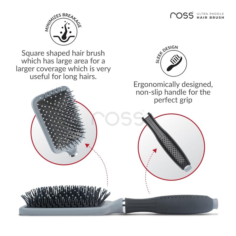 Ross Ultra Paddle Hair Brush with Large Coverage Soft BallPoint Bristles for Men Women Grey Pack of 3 - Image 4