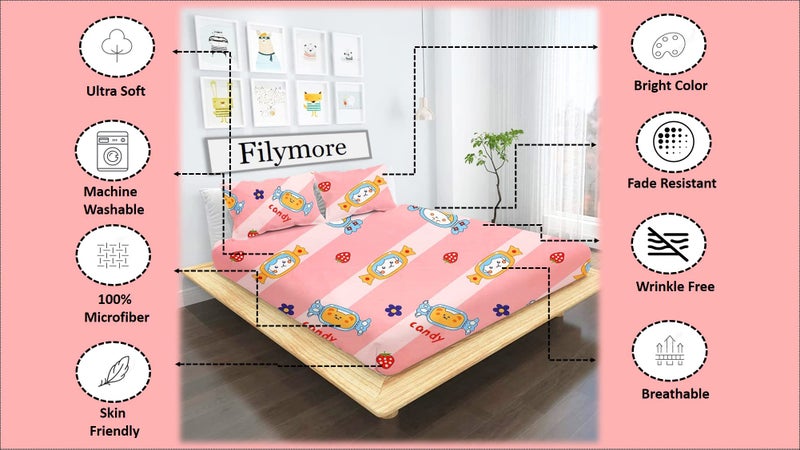 Filymore Candy Double Bedsheet for Kids Room 240 TC Microfiber Fabric Wrinkle Free Soft Hypoallergenic | Cartoon Bedcover Queen Size (90x90 Inches) Boys Girls Room(Peach) - Image 3