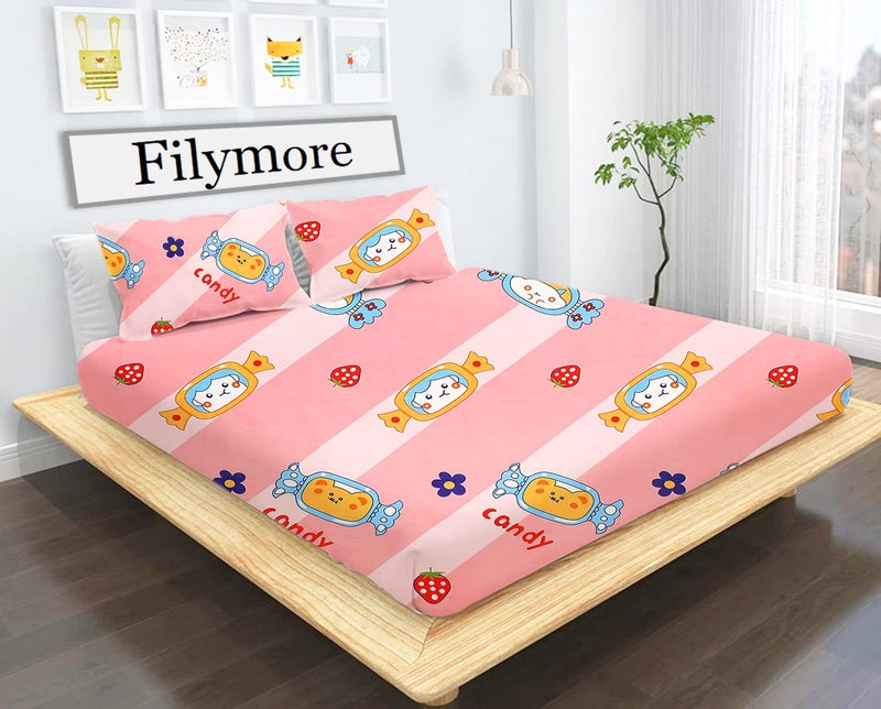 Filymore Candy Double Bedsheet for Kids Room 240 TC Microfiber Fabric Wrinkle Free Soft Hypoallergenic | Cartoon Bedcover Queen Size (90x90 Inches) Boys Girls Room(Peach) - Image 1
