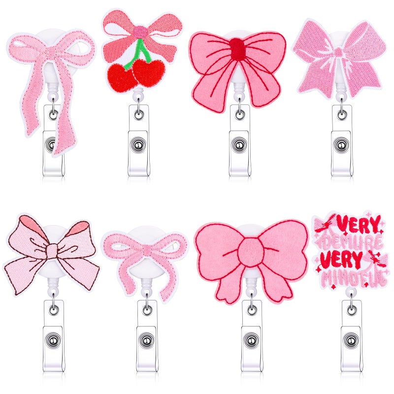 Knitgrip 8 Pcs Coquette Pink Bow Badge Reel Retractable Badge Reel for ID Card Cute Alligator Clip Accessories for Nurse Medical Worker Office School Teacher(Bow Theme,Embroidered Cloth) - Image 1