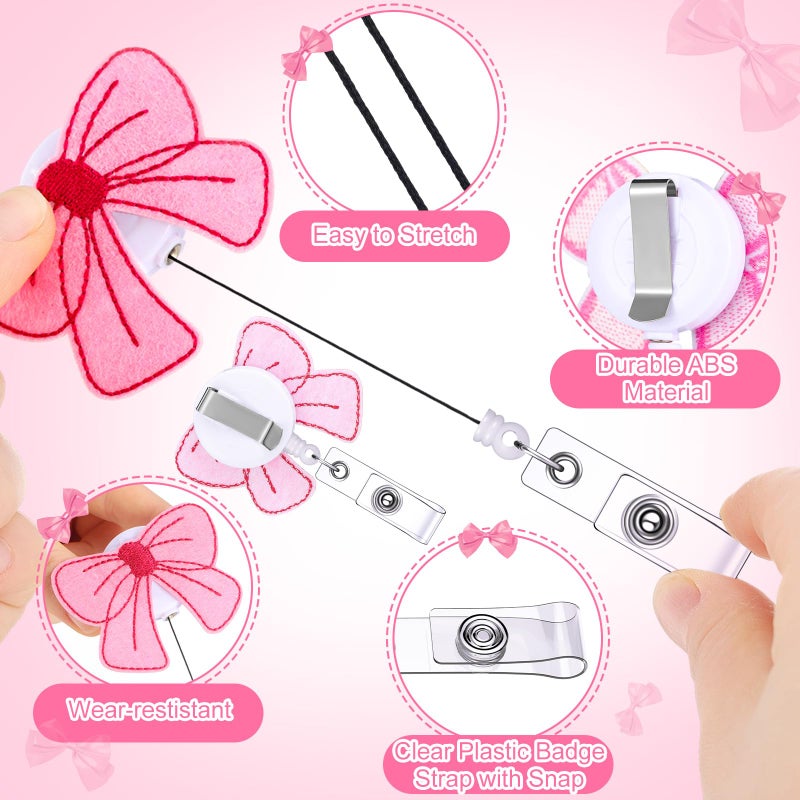 Knitgrip 8 Pcs Coquette Pink Bow Badge Reel Retractable Badge Reel for ID Card Cute Alligator Clip Accessories for Nurse Medical Worker Office School Teacher(Bow Theme,Embroidered Cloth) - Image 3