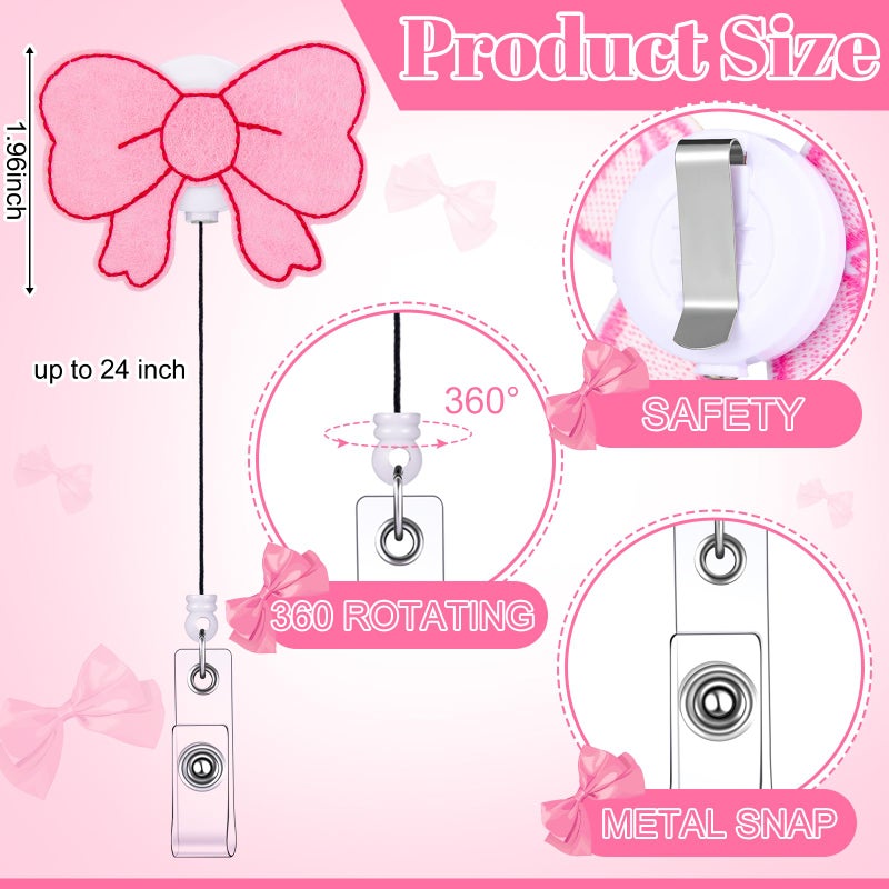 Knitgrip 8 Pcs Coquette Pink Bow Badge Reel Retractable Badge Reel for ID Card Cute Alligator Clip Accessories for Nurse Medical Worker Office School Teacher(Bow Theme,Embroidered Cloth) - Image 2