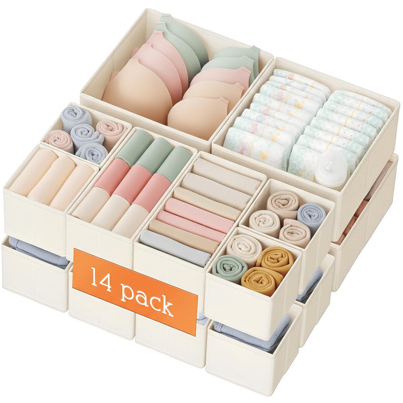 Criusia Drawer Organizer Clothes, 14 Pack Dresser Organizer for Baby Clothes, Underwear, Sock- Foldable Closet Organization and Storage Dividers Bins for Nursery, Bedroom and Dorm (Beige) - Image 1