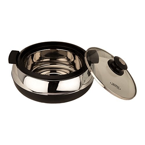 Jaypee Glasserol Serving Casserole Twin Set Inner Stainless Steel Toughened Glass Lid PUF Insulated Hot Box |Roti Box| Easy to carry | Food Grade | Stackable, 1200 ml + 1200 ml, Black - Image 4