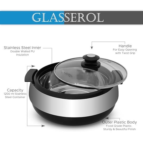 Jaypee Glasserol Serving Casserole Twin Set Inner Stainless Steel Toughened Glass Lid PUF Insulated Hot Box |Roti Box| Easy to carry | Food Grade | Stackable, 1200 ml + 1200 ml, Black - Image 3