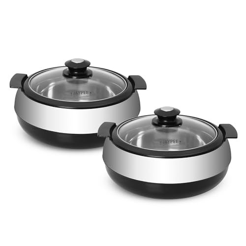 Jaypee Glasserol Serving Casserole Twin Set Inner Stainless Steel Toughened Glass Lid PUF Insulated Hot Box |Roti Box| Easy to carry | Food Grade | Stackable, 1200 ml + 1200 ml, Black - Image 1